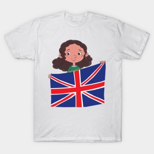 girl holding a large spread British flag T-Shirt